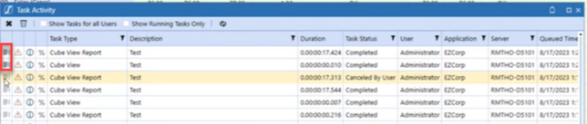 Red square box on the task type that has been set to true for detailed logging that shows information for induvial steps and additional information about the cube view.